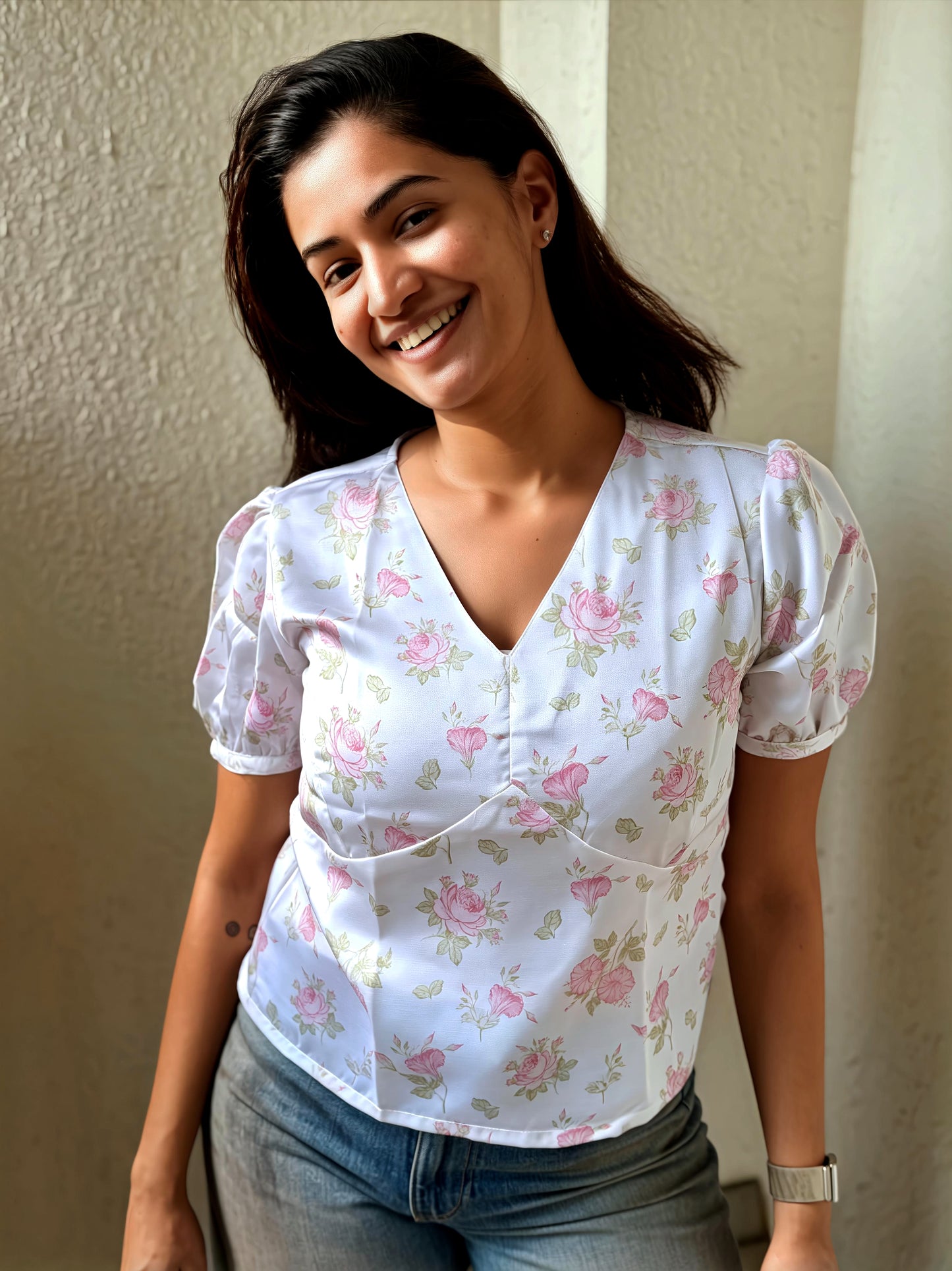 Faye Vintage Floral Printed White Top