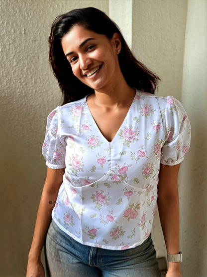 Faye Vintage Floral Printed White Top