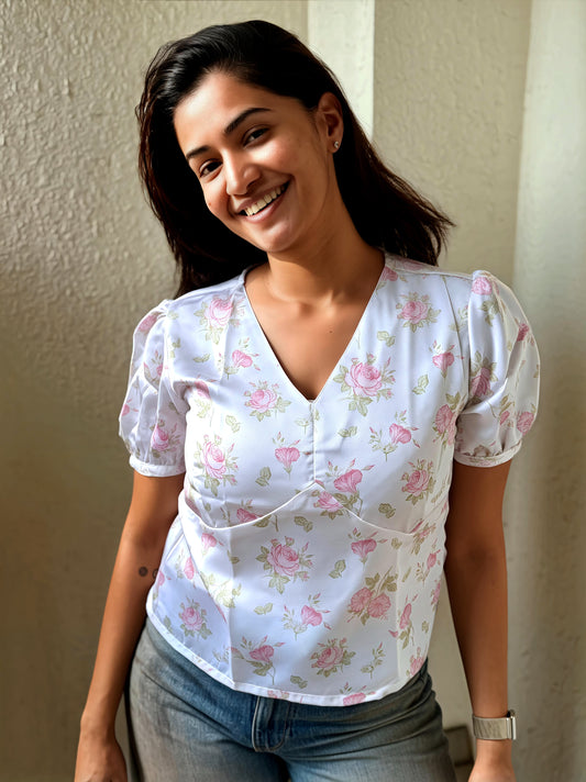 Faye Vintage Floral Printed White Top