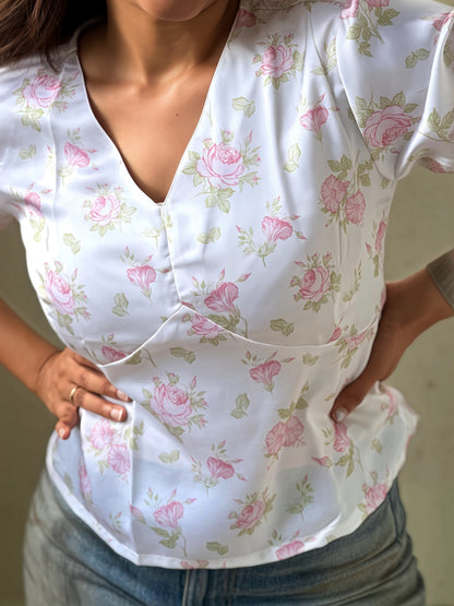 Faye Vintage Floral Printed White Top