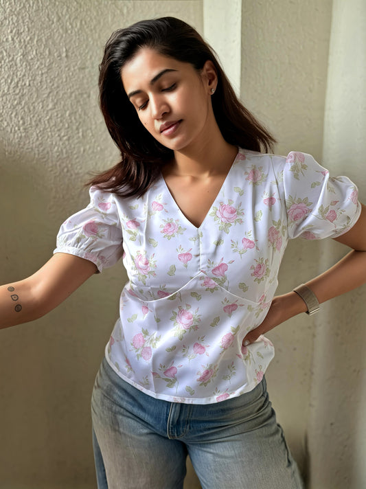 Faye Vintage Floral Printed White Top