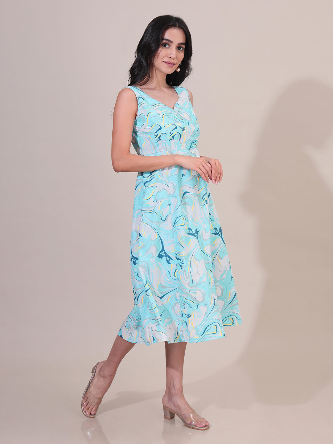 Marble Print Blue Sweetheart Neck Dress