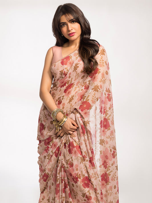 Samantha Ruth Prabhu For SAAKI - Women Moonstruck Memoir Chiffon Floral Printed Beige Saree