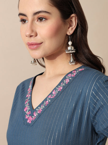 Sienna Blue Embroidered V Neck Kurta