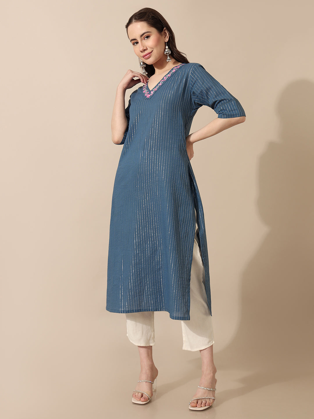 Sienna Blue Embroidered V Neck Kurta