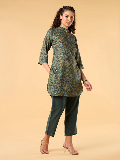 Painterly Mandarin Collar All Over Print Green Kurta Set