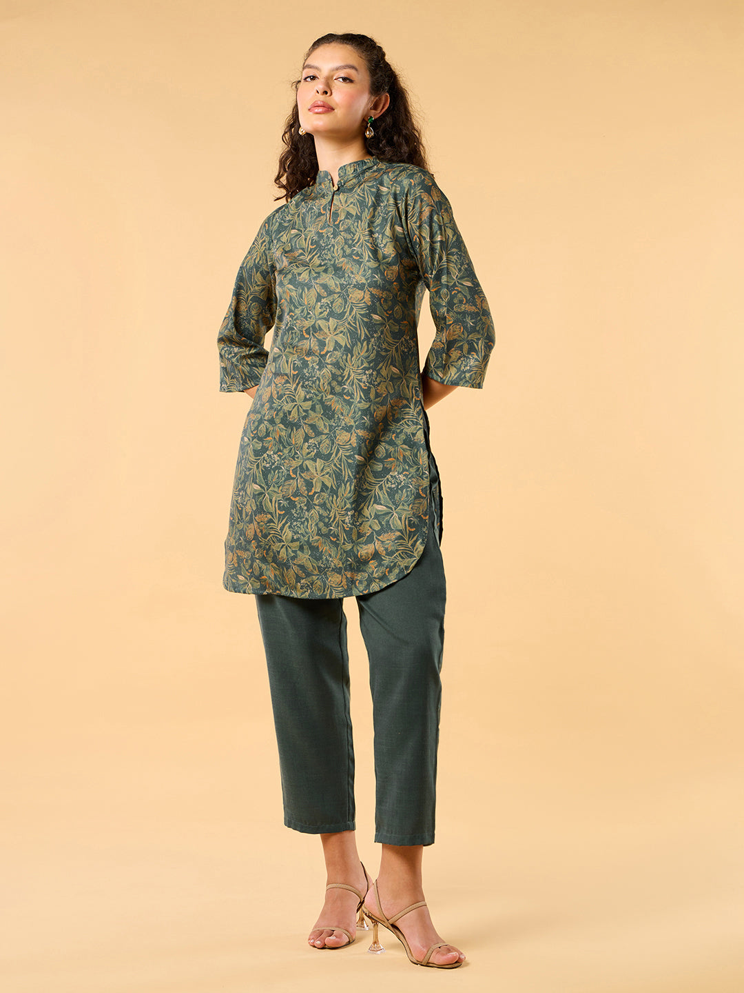 Painterly Mandarin Collar All Over Print Green Kurta Set