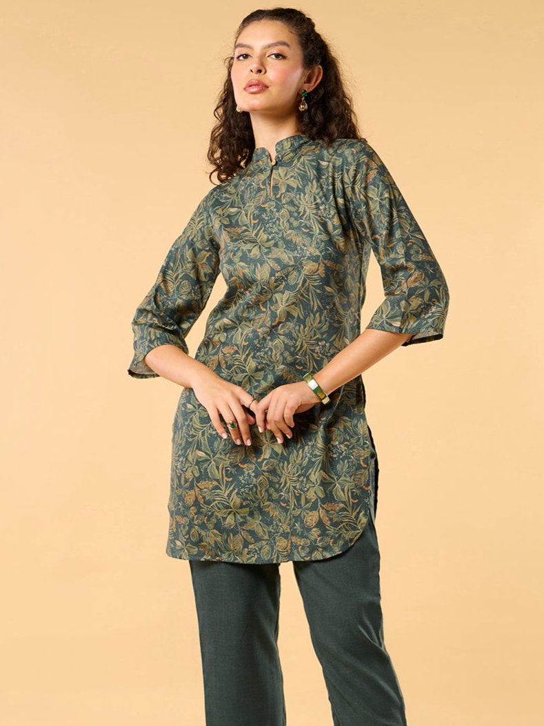 Painterly Mandarin Collar All Over Print Green Kurta Set