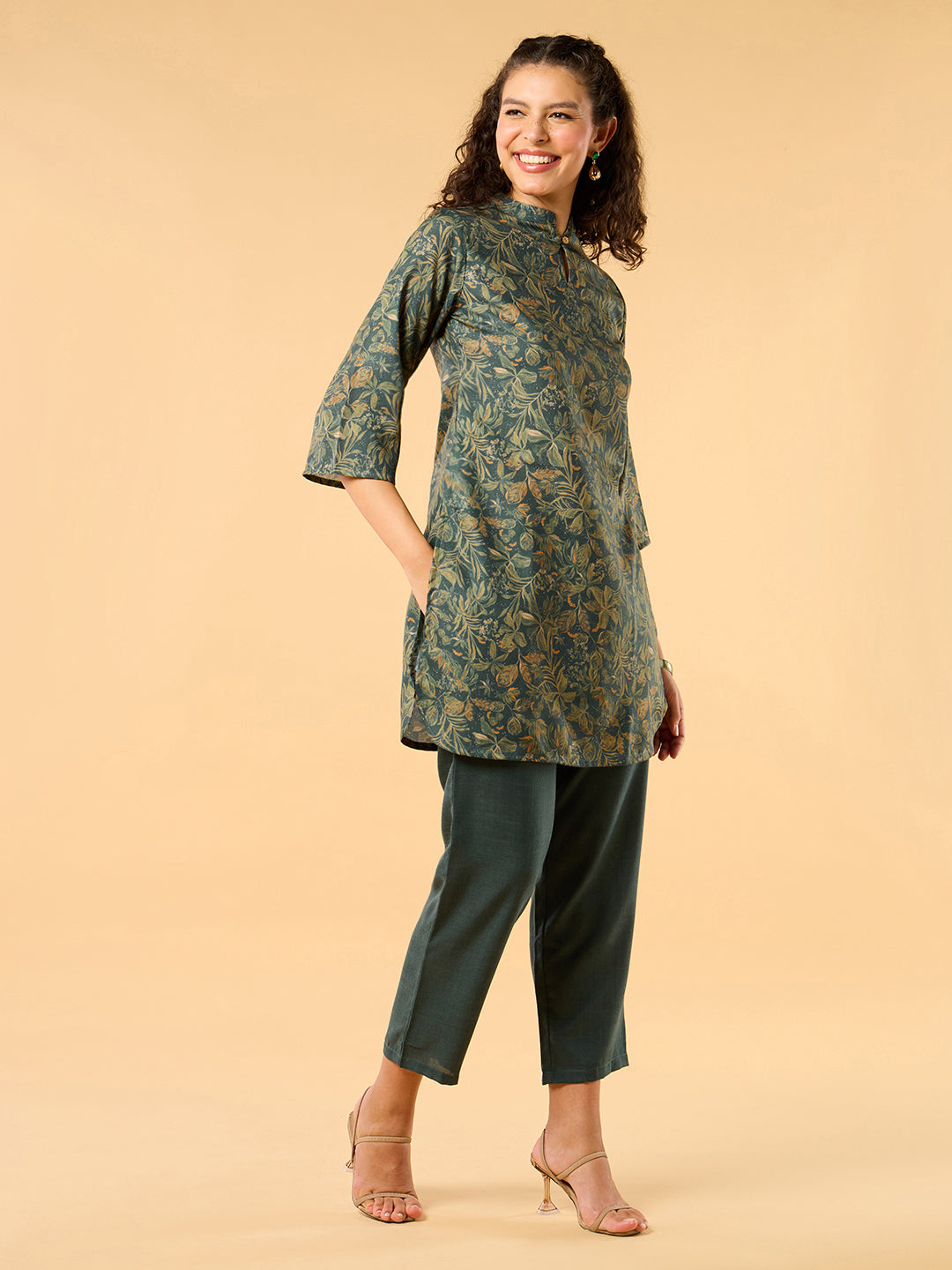 Painterly Mandarin Collar All Over Print Green Kurta Set