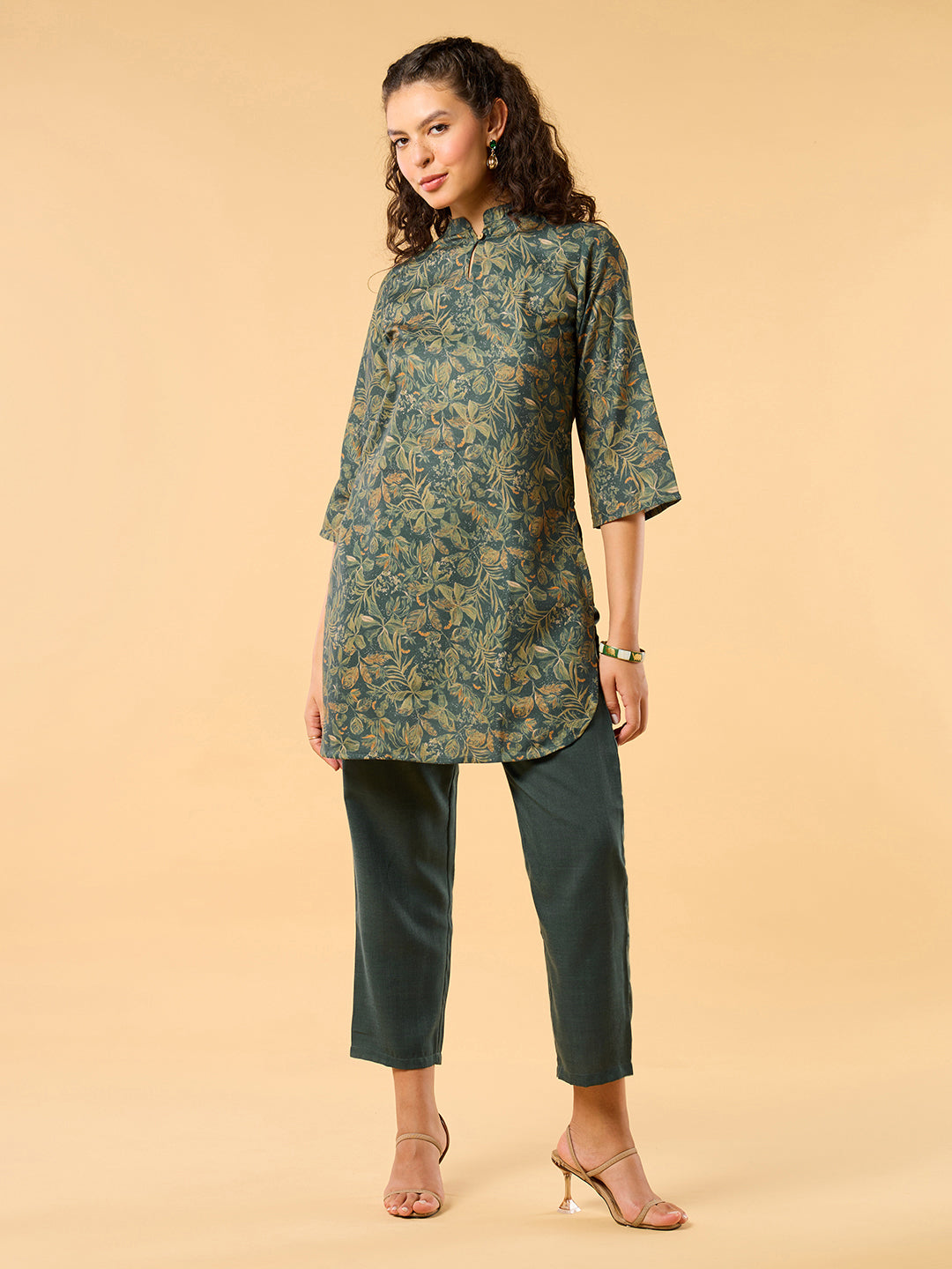 Painterly Mandarin Collar All Over Print Green Kurta Set