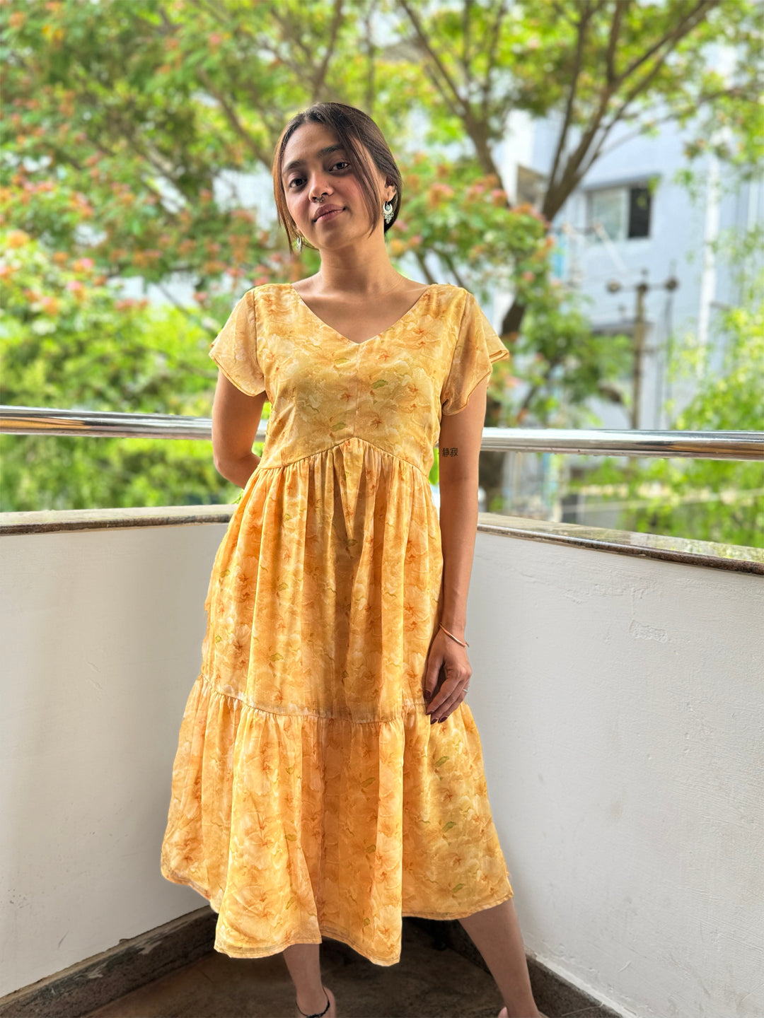 Painterly Yellow Tiered Dress