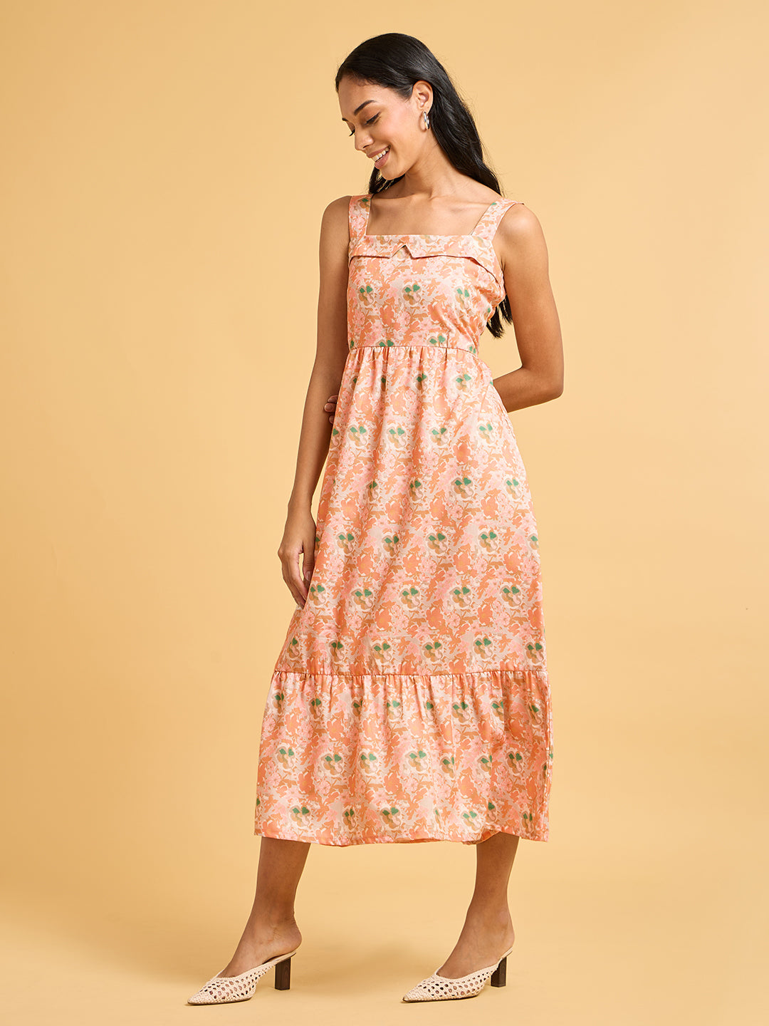 Painterly Peach Floral Tiered Midi Dress With Ruffled Square Neckline