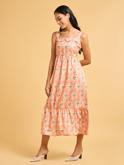 Painterly Peach Floral Tiered Midi Dress With Ruffled Square Neckline