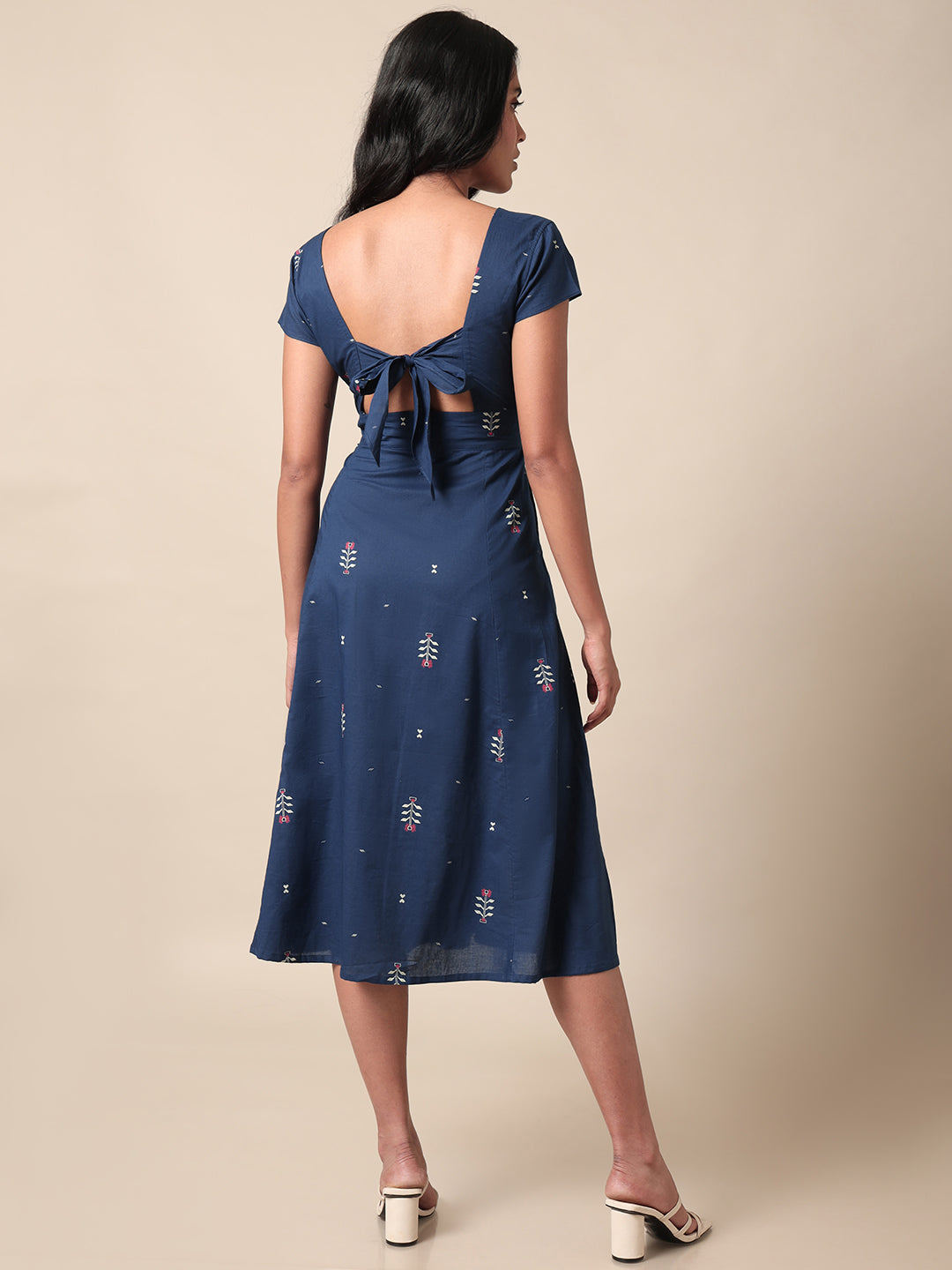 Roohi Printed Navy Blue Dress With Back Tie Up