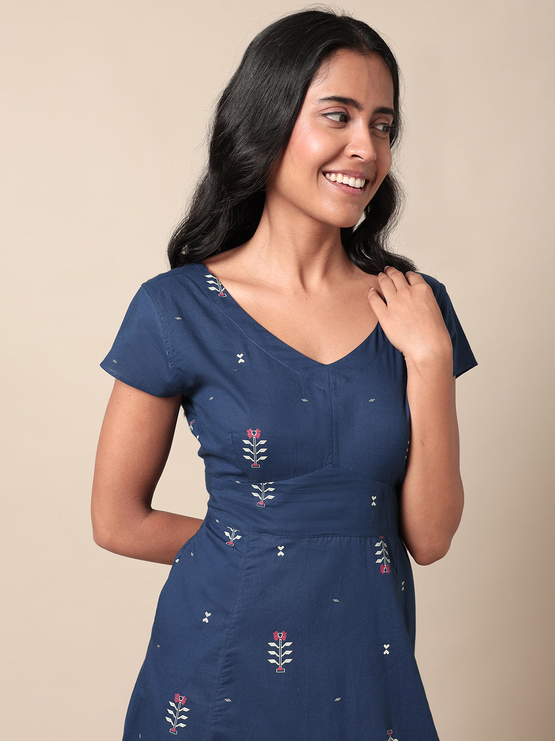 Roohi Printed Navy Blue Dress With Back Tie Up