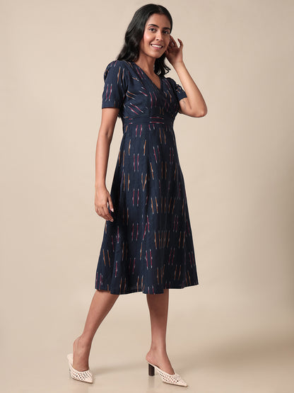 Sayoni Ikat Weave Fit and Flare Navy Dress