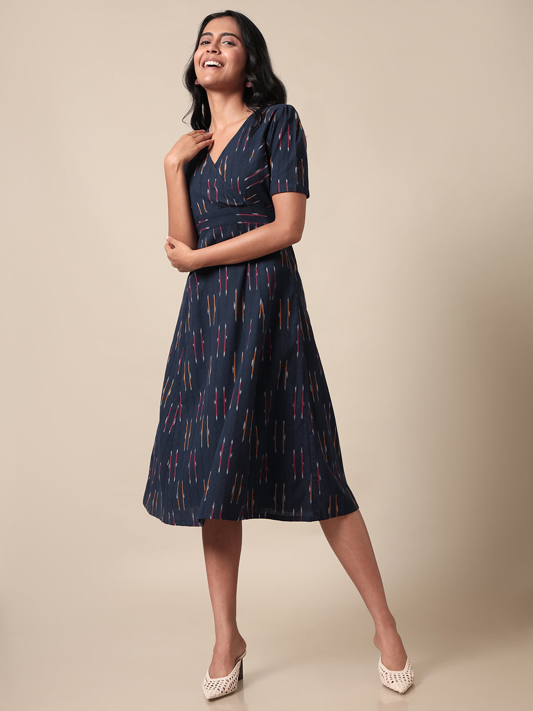 Saaki Women Sayoni Ikat Weave Fit and Flare Navy Dress
