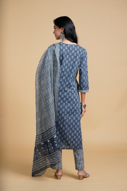 Blooming Elegance Grey All Over Print Kurta Set With Dupatta