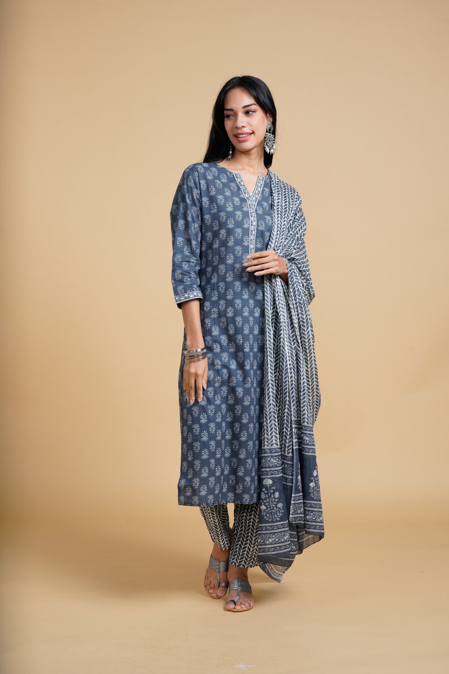 Blooming Elegance Grey All Over Print Kurta Set With Dupatta