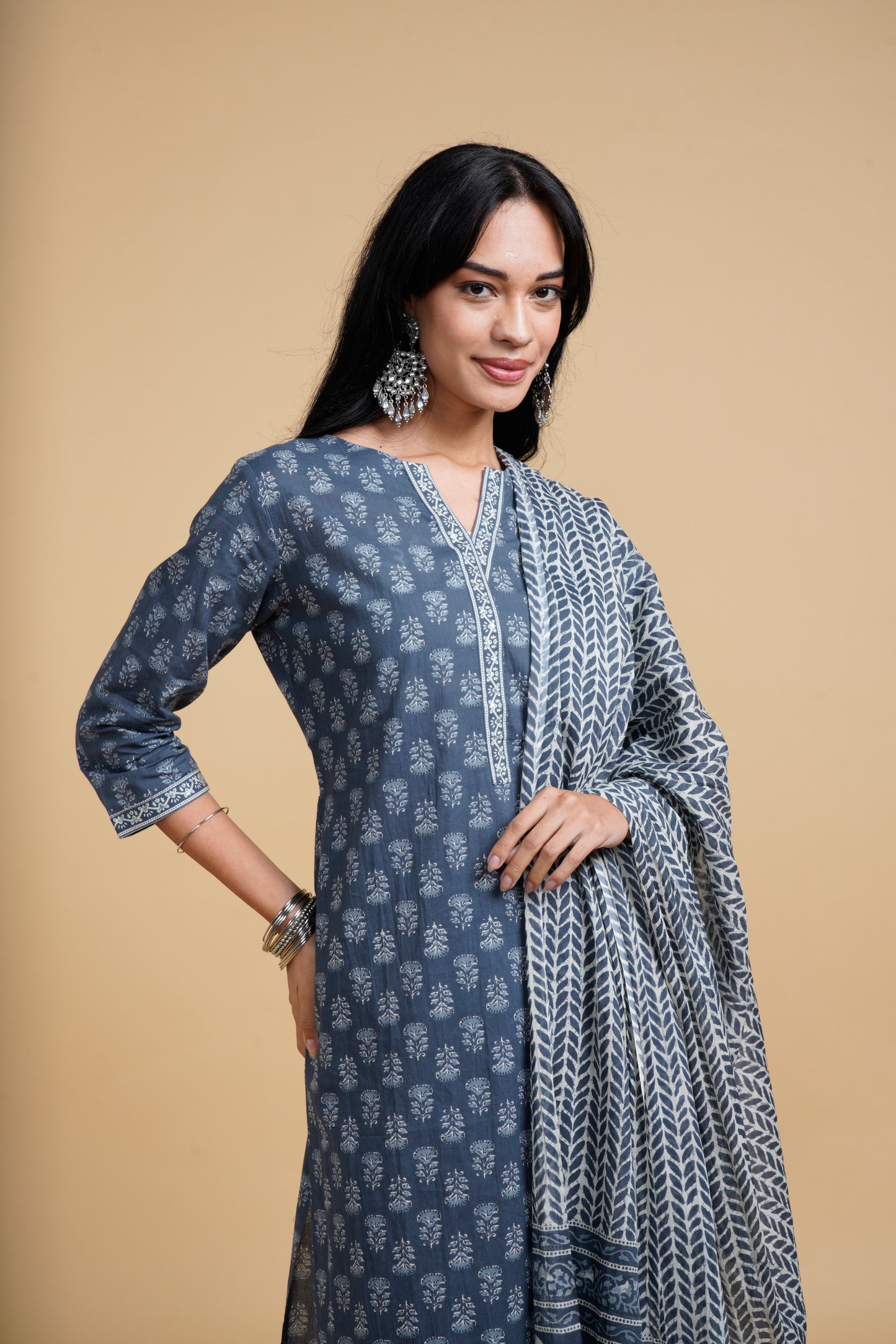 Blooming Elegance Grey All Over Print Kurta Set With Dupatta