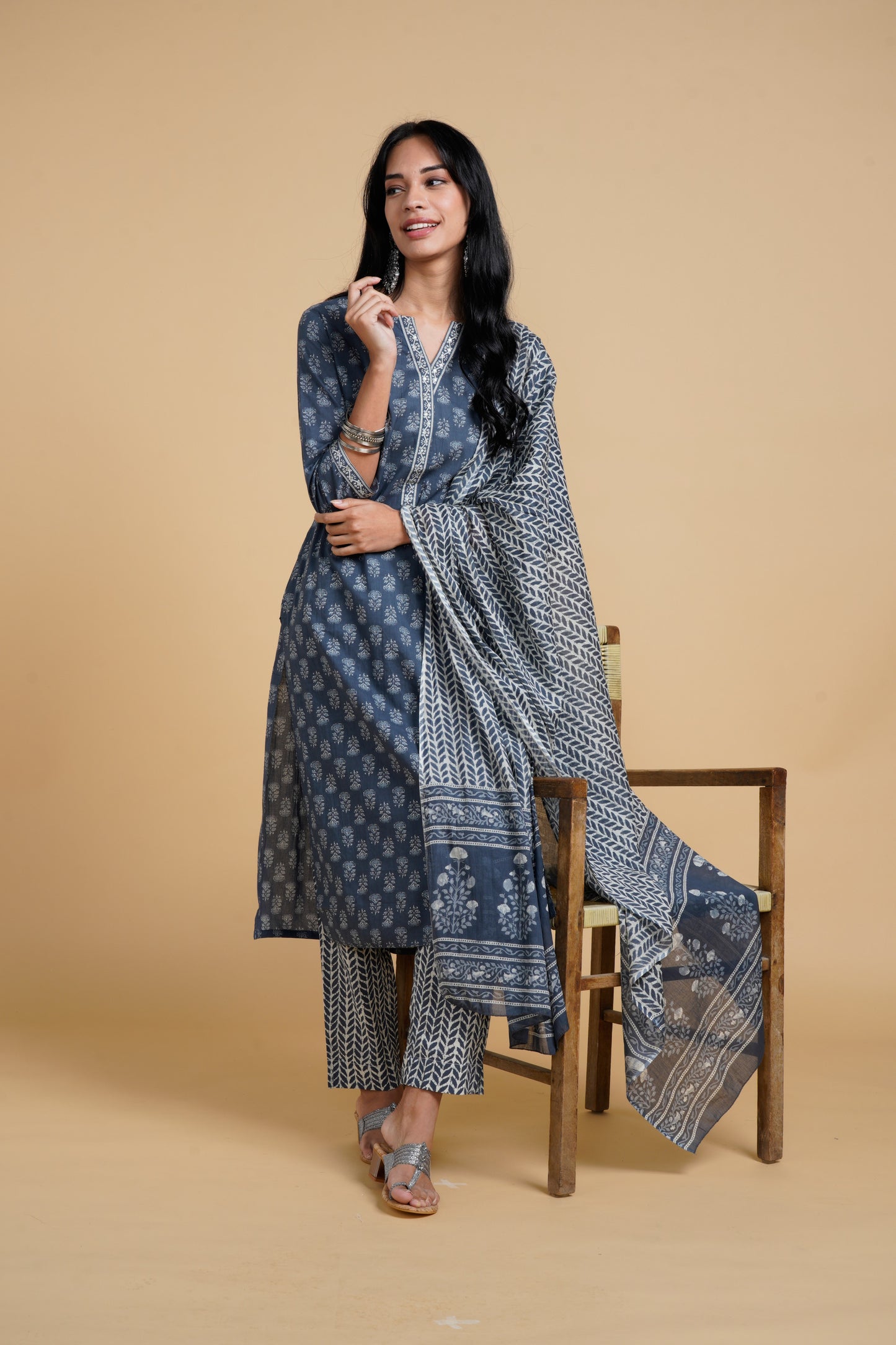 Blooming Elegance Grey All Over Print Kurta Set With Dupatta