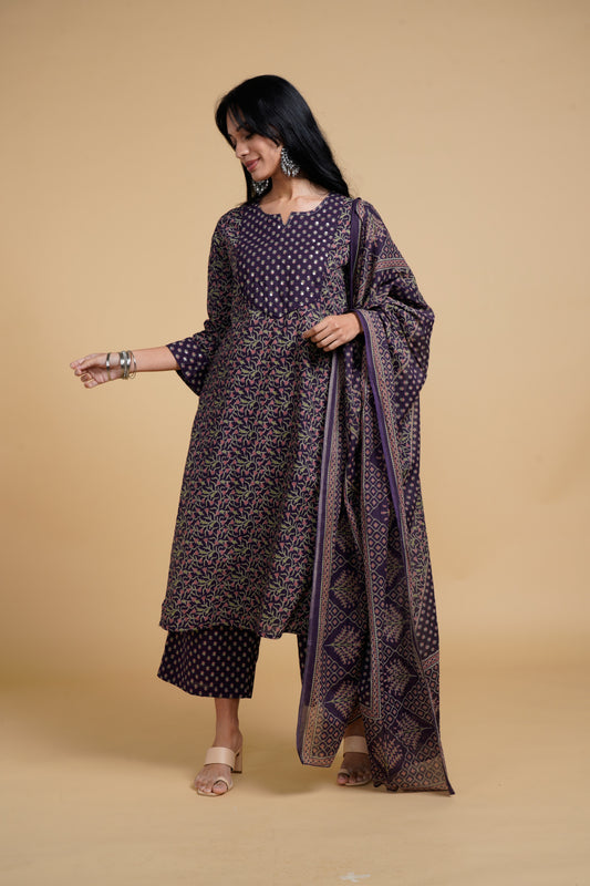 Blooming Elegance Purple All Over Print Kurta Set With Dupatta