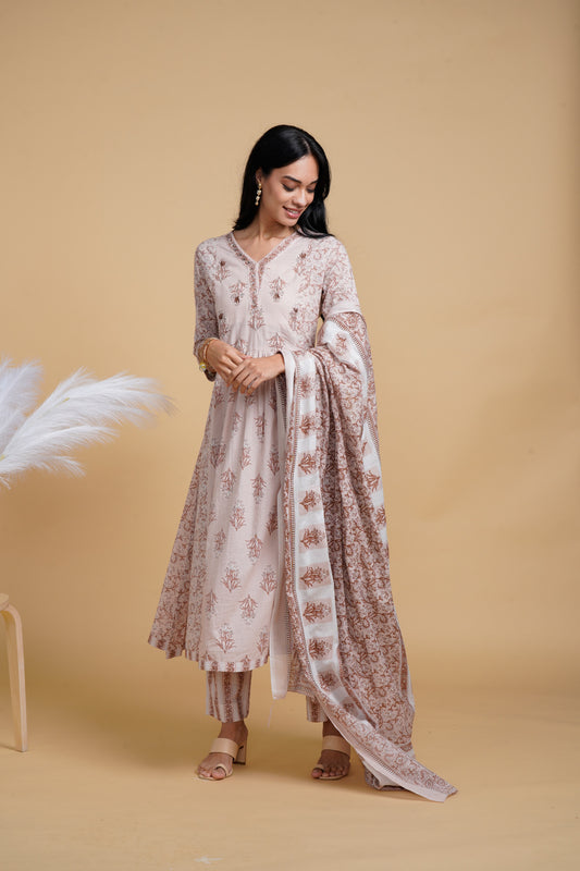 Blooming Elegance Floral Print Pink Kurta Set With Dupatta