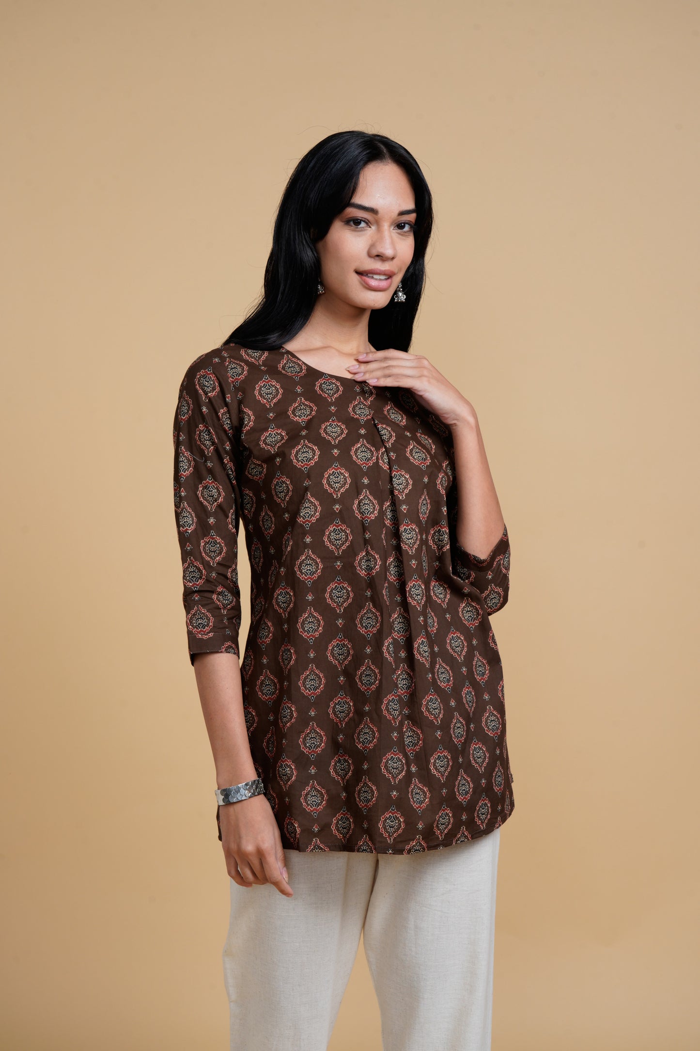 Blooming Elegance All Over Print Brown Kurta Top