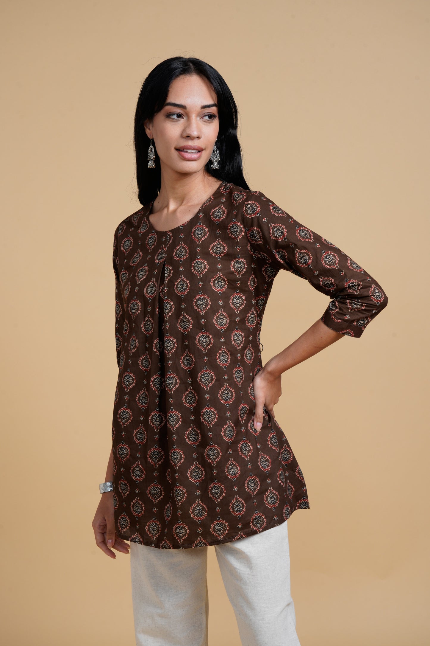 Blooming Elegance All Over Print Brown Kurta Top