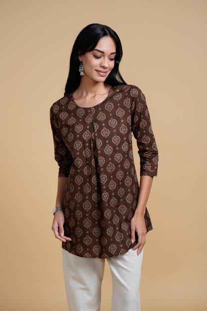 Blooming Elegance All Over Print Brown Kurta Top