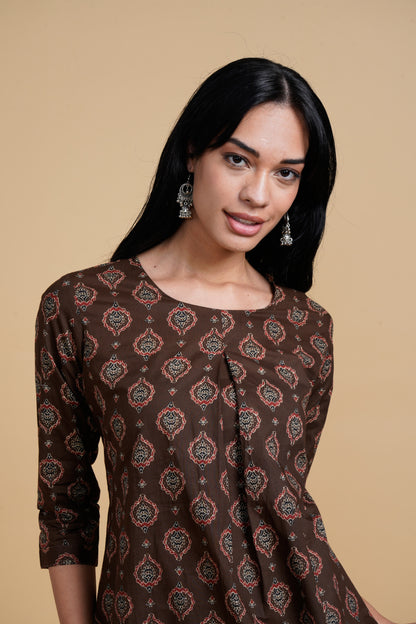 Blooming Elegance All Over Print Brown Kurta Top