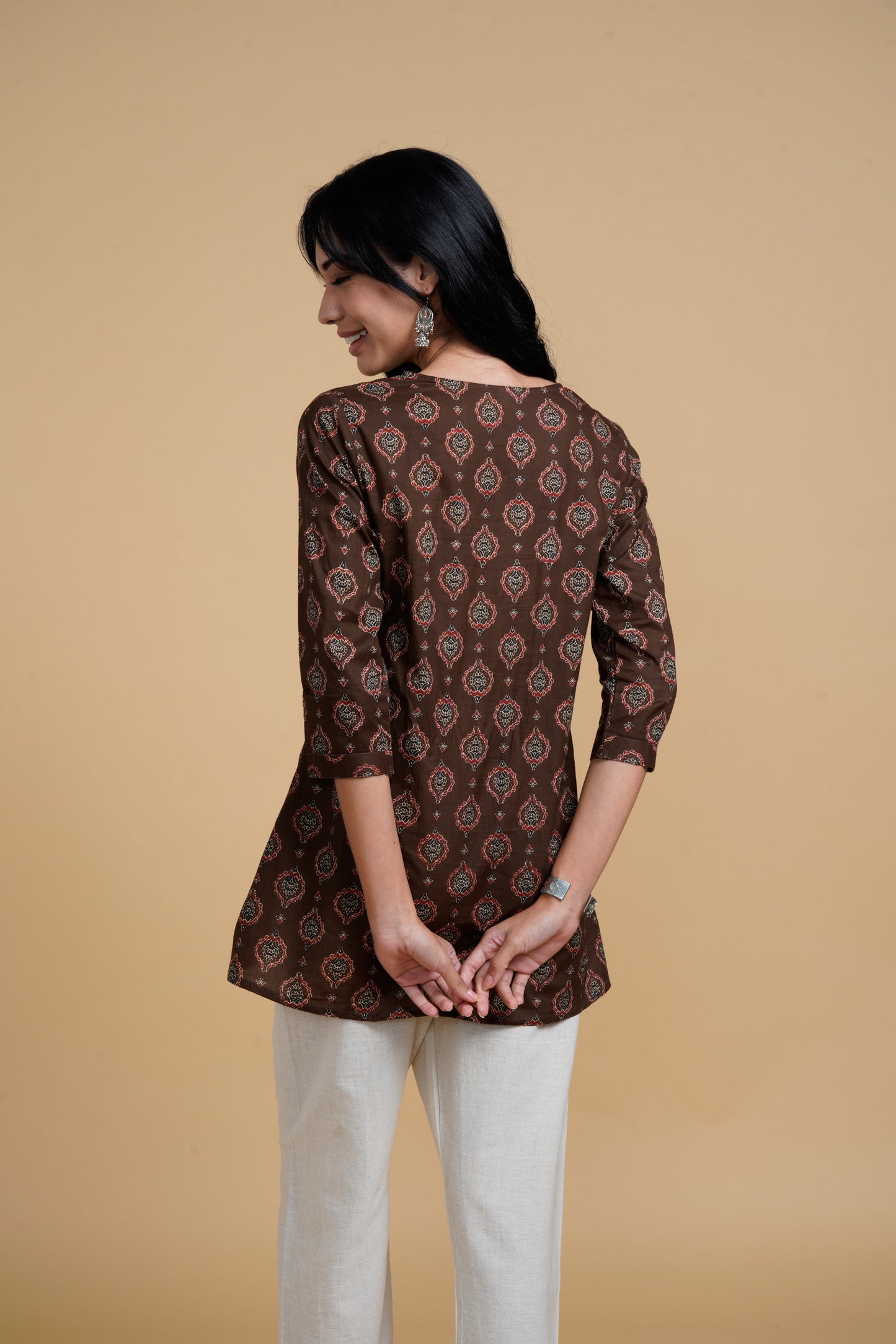 Blooming Elegance All Over Print Brown Kurta Top