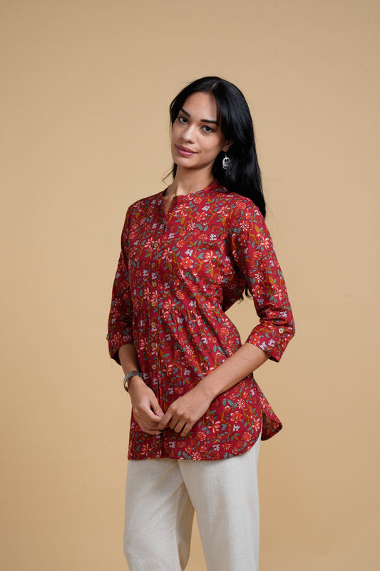 Blooming Elegance Red All Over Print Kurta Top