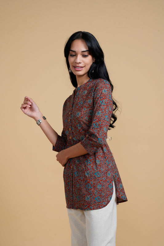 Blooming Elegance All Over Print Maroon Kurta Top