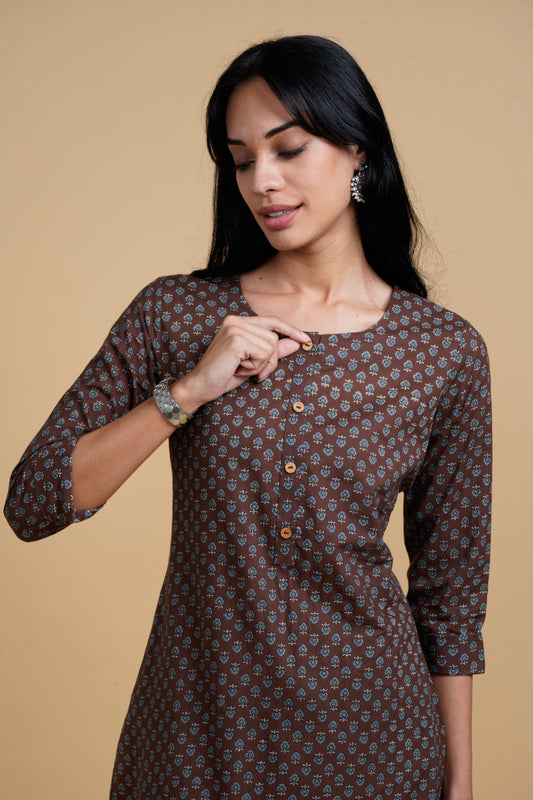 Blooming Elegance Printed Brown Kurta