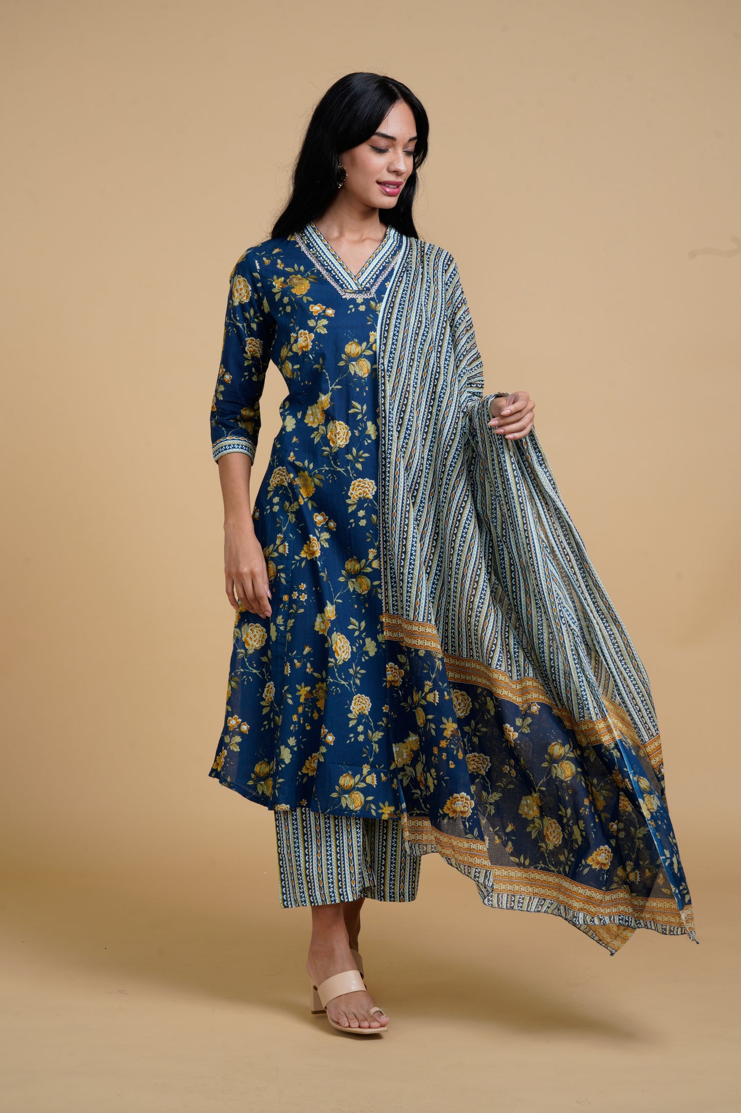 Blooming Elegance Navy Blue Kurta Set With Yellow Floral Print