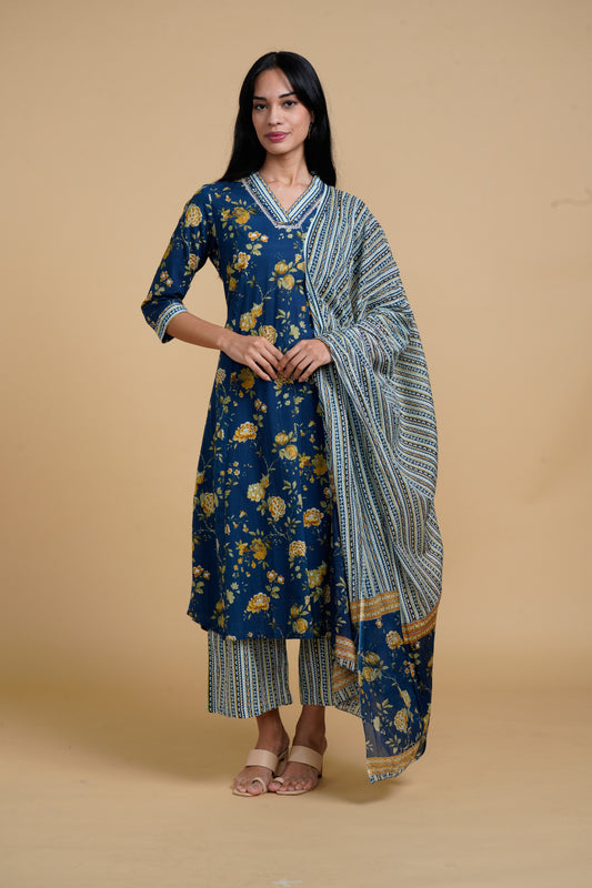 Blooming Elegance Navy Blue Kurta Set With Yellow Floral Print