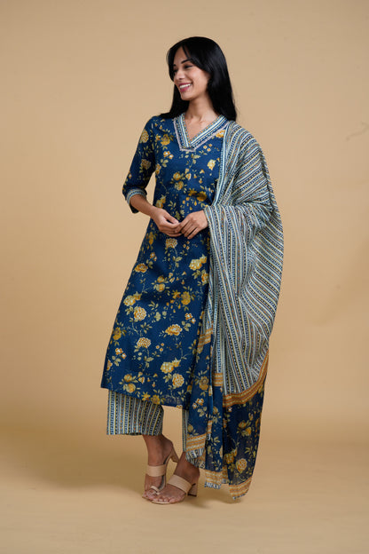 Blooming Elegance Navy Blue Kurta Set With Yellow Floral Print