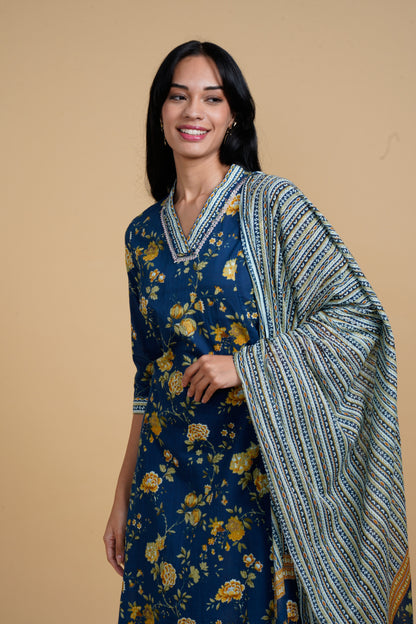 Blooming Elegance Navy Blue Kurta Set With Yellow Floral Print