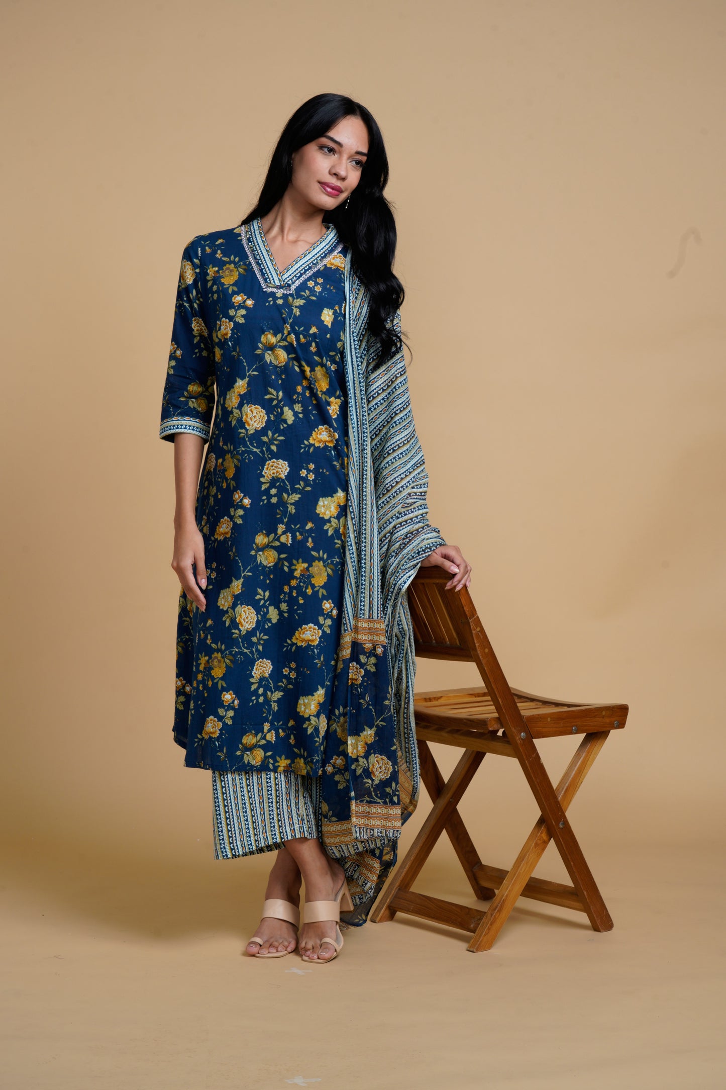 Blooming Elegance Navy Blue Kurta Set With Yellow Floral Print