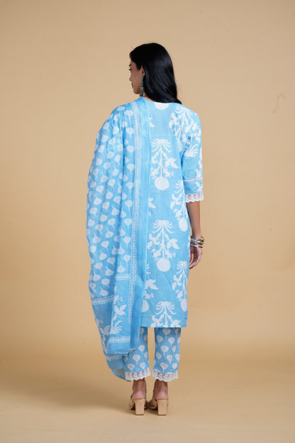 Vibrant Roots Blue Kurta Set With White Floral Print