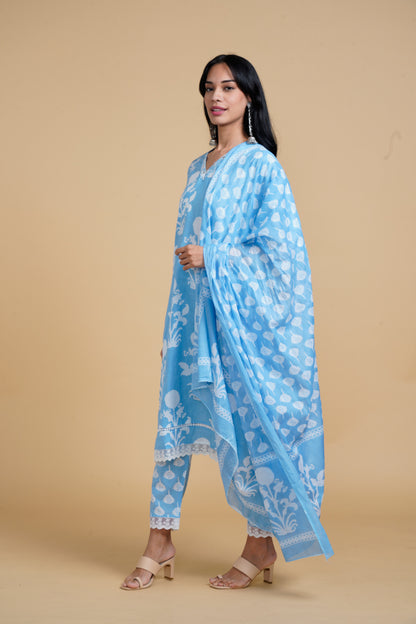 Vibrant Roots Blue Kurta Set With White Floral Print