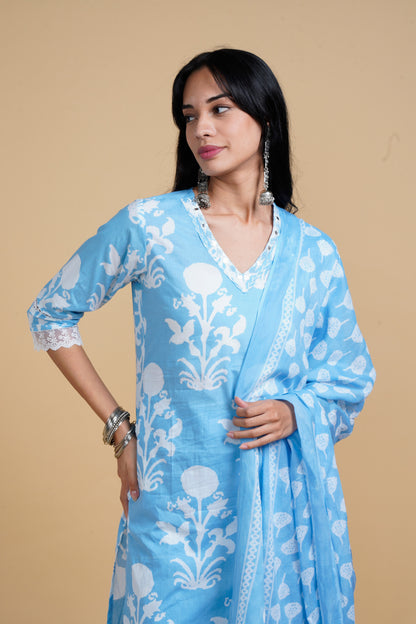 Vibrant Roots Blue Kurta Set With White Floral Print