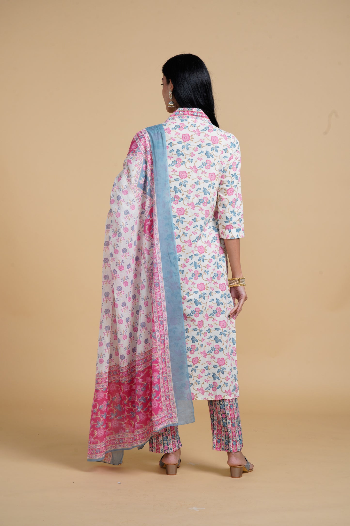 Blooming Elegance Floral All Over Print Off White Kurta Set With Dupatta