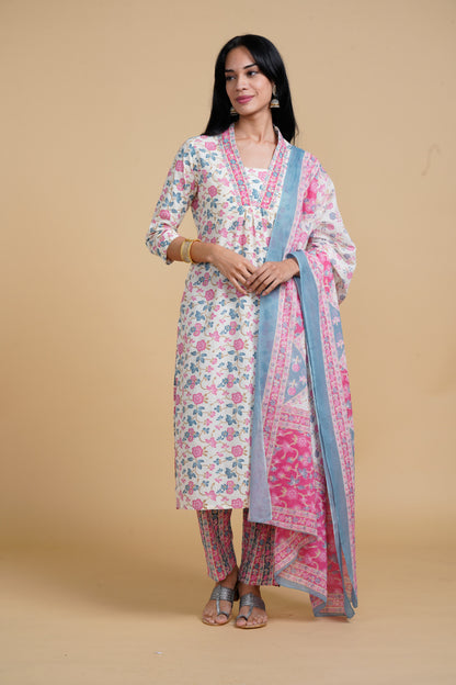 Blooming Elegance Floral All Over Print Off White Kurta Set With Dupatta