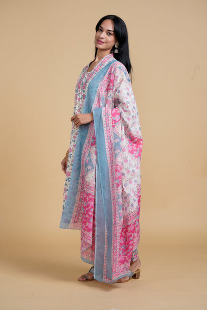 Blooming Elegance Floral All Over Print Off White Kurta Set With Dupatta