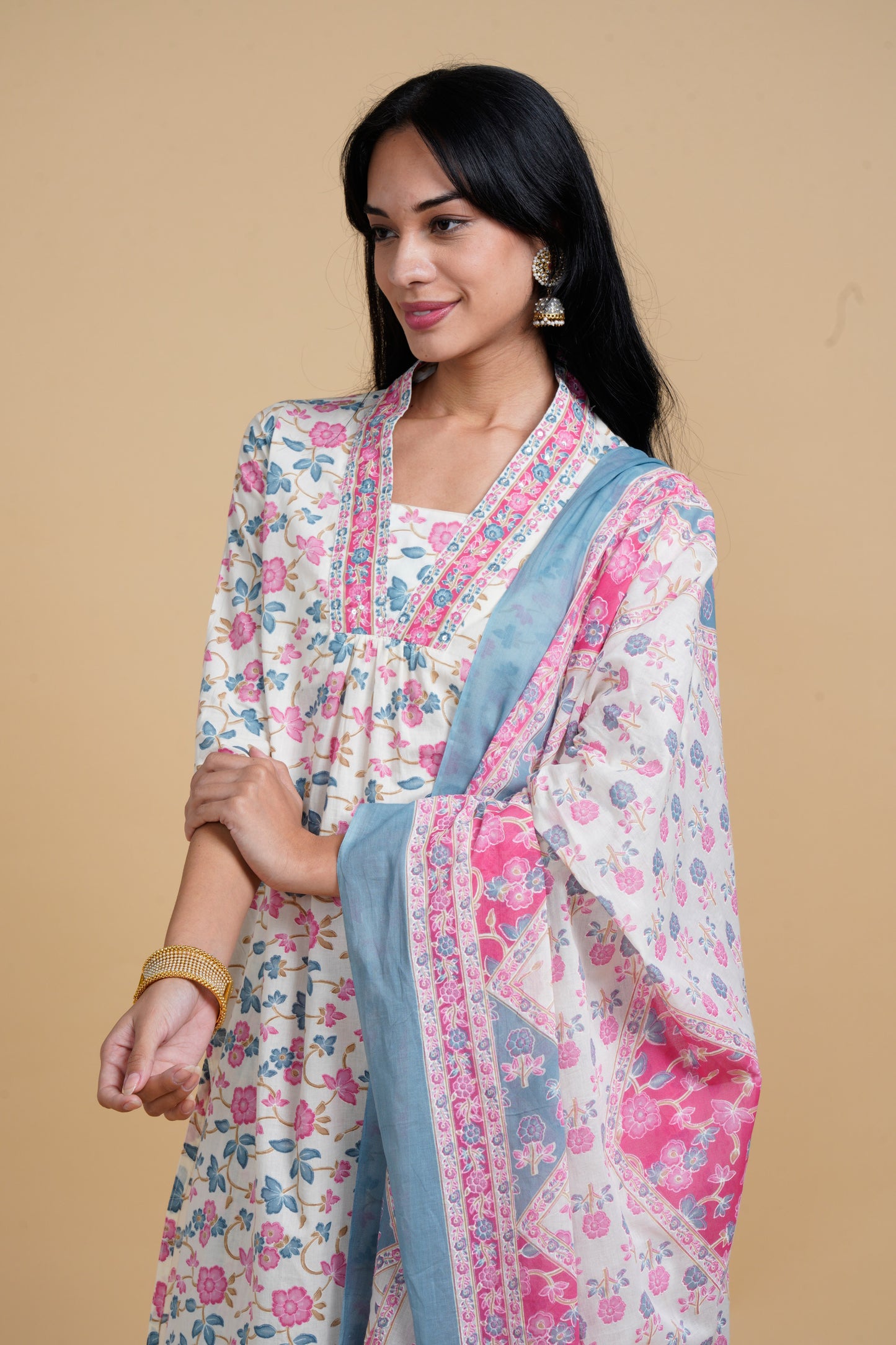 Blooming Elegance Floral All Over Print Off White Kurta Set With Dupatta