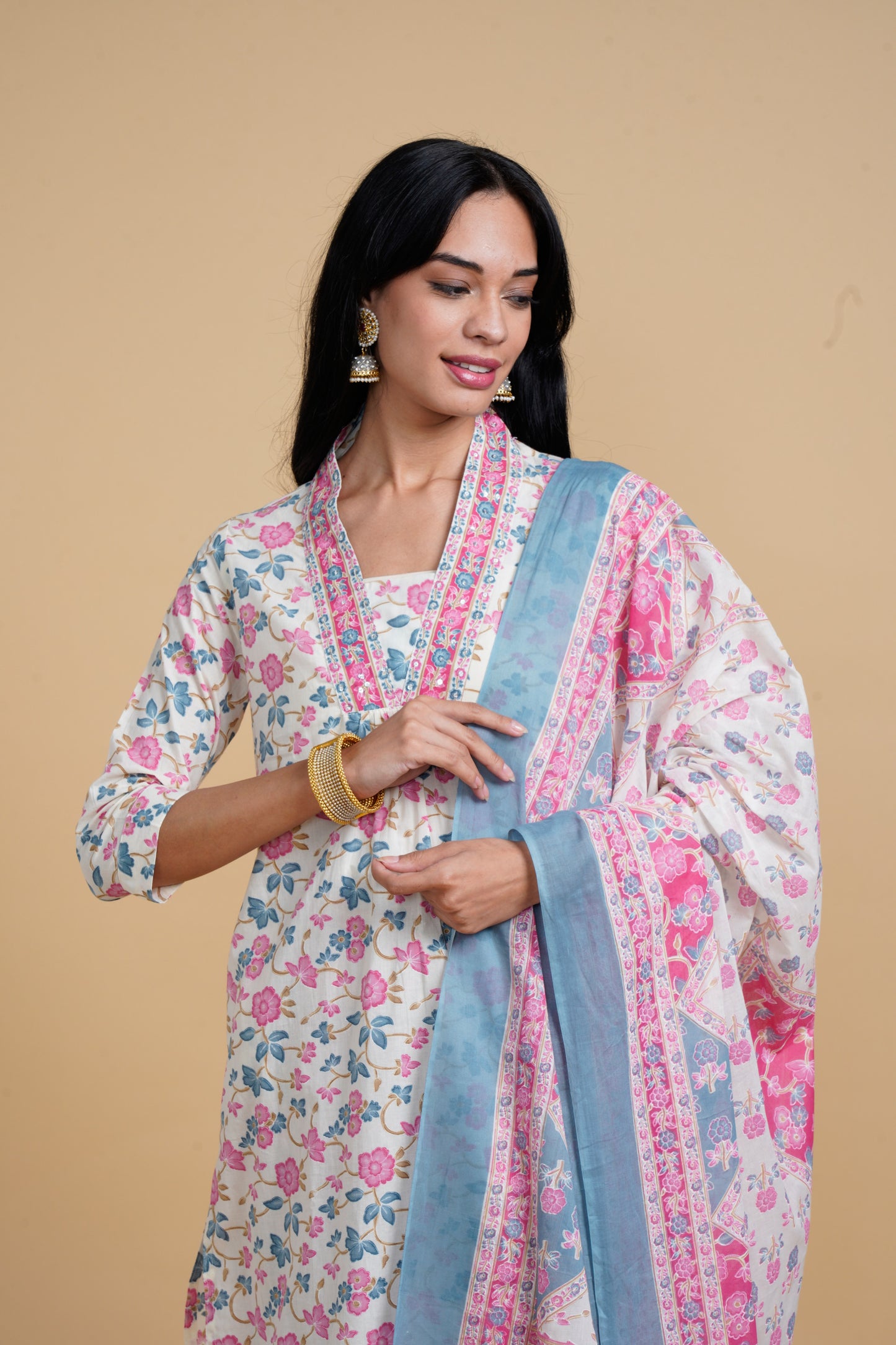 Blooming Elegance Floral All Over Print Off White Kurta Set With Dupatta