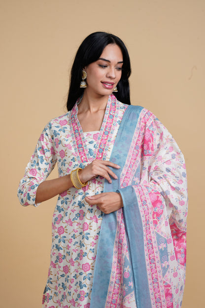 Blooming Elegance Floral All Over Print Off White Kurta Set With Dupatta