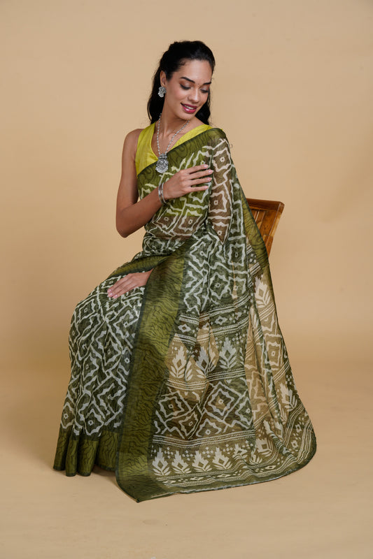 Divine Drapes Green Ikat Design Saree